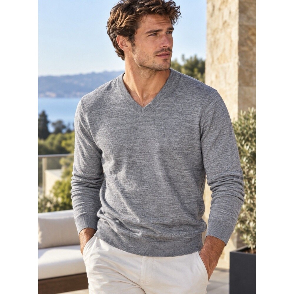 J Crew V Neck Sweater Mens XL 100% Merino Wool Gray Lightweight Preppy AD337